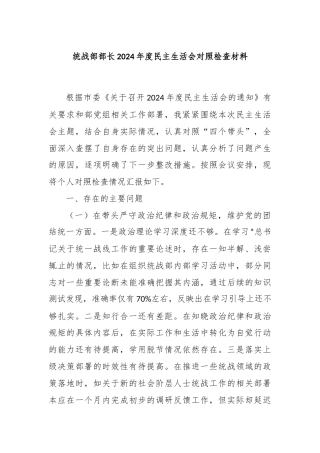 统战部部长2024年度民主生活会对照检查材料