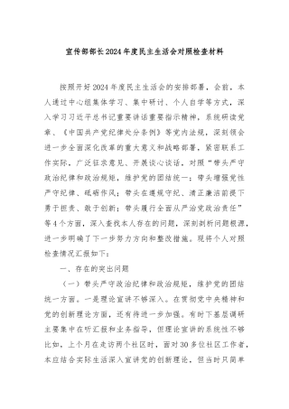 宣传部部长2024年度民主生活会对照检查材料