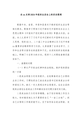 在xx支部2024年组织生活会上的发言提纲