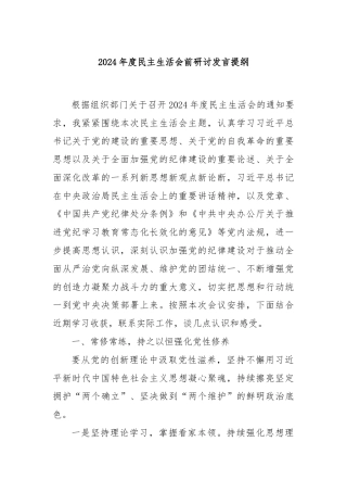 2024年度民主生活会前研讨发言提纲