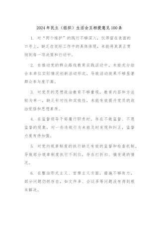 2024年民主（组织）生活会互相提意见100条