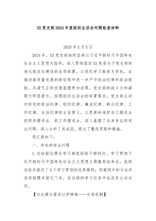 XX党支部2024年度组织生活会对照检查材料