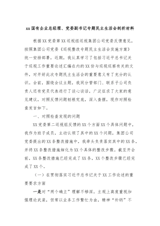 xx国有企业总经理、党委副书记专题民主生活会剖析材料