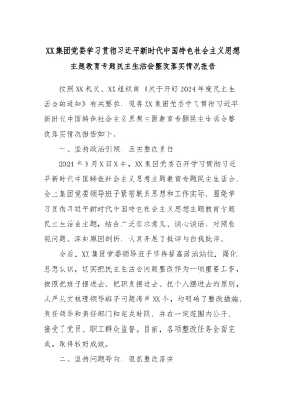 XX集团党委学习贯彻习近平新时代中国特色社会主义思想主题教育专题民主生活会整改落实情况报告