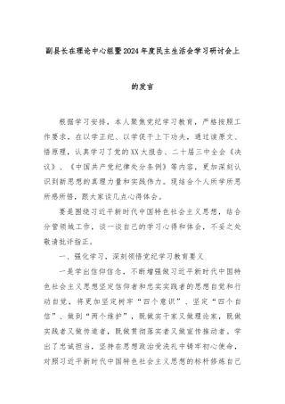 副县长在理论中心组暨2024年度民主生活会学习研讨会上的发言