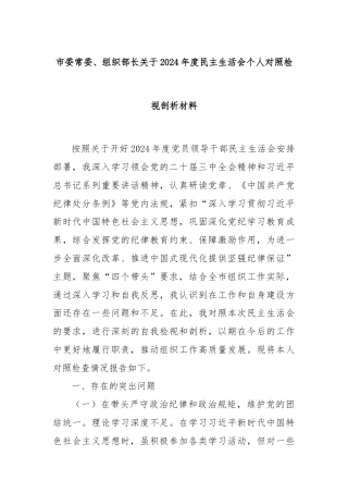 市委常委、组织部长关于2024年度民主生活会个人对照检视剖析材料