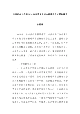 市委社会工作部2024年度民主生活会领导班子对照检视发言材料