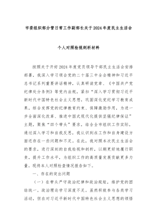 市委组织部分管日常工作副部长关于2024年度民主生活会个人对照检视剖析材料