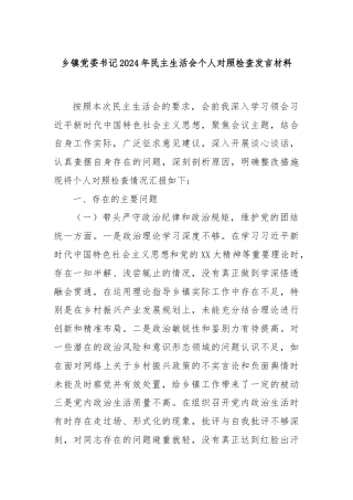 乡镇党委书记2024年民主生活会个人对照检查发言材料