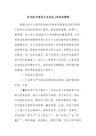 在2024年度民主生活会上的发言提纲