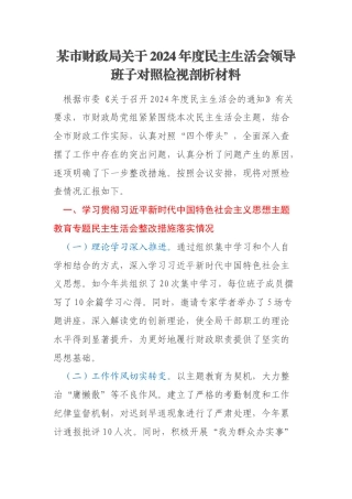 某市财政局关于2024年度民主生活会领导班子对照检视剖析材料