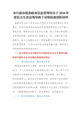 市行政审批和政务信息管理局关于2024年度民主生活会领导班子对照检视剖析材料
