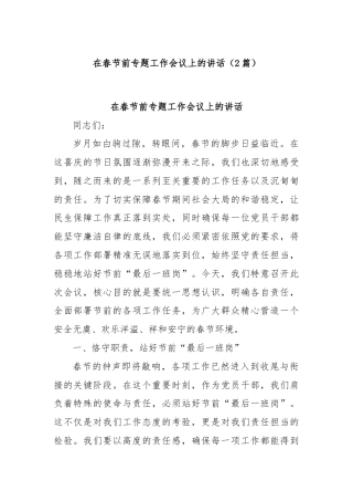 (2篇)在春节前专题工作会议上的讲话