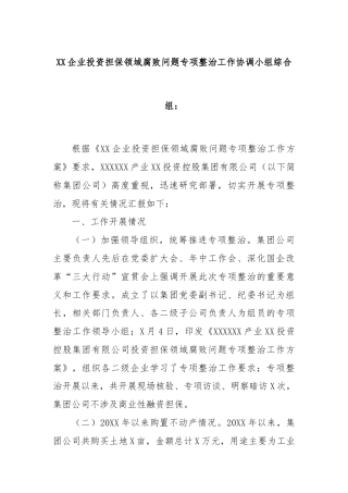 XX企业投资担保领域腐败问题专项整治工作协调小组综合组