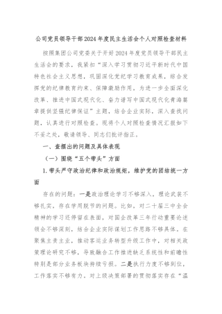 公司党员领导干部2024年度民主生活会个人对照检查材料