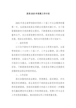 某局2025年党建工作计划