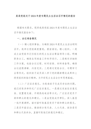 某局党组关于2024年度专题民主生活会召开情况的报告