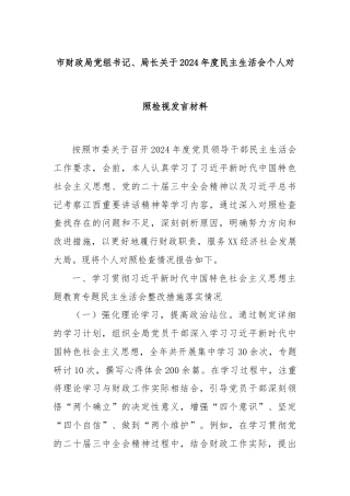 市财政局党组书记、局长关于2024年度民主生活会个人对照检视发言材料