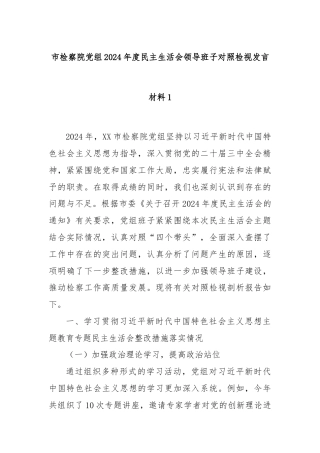 市检察院党组2024年度民主生活会领导班子对照检视发言材料1
