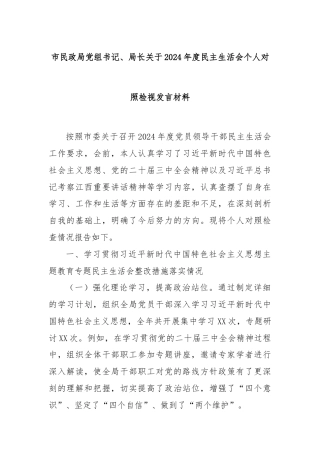 市民政局党组书记、局长关于2024年度民主生活会个人对照检视发言材料