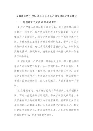 乡镇领导班子2024年民主生活会之间互相批评意见建议