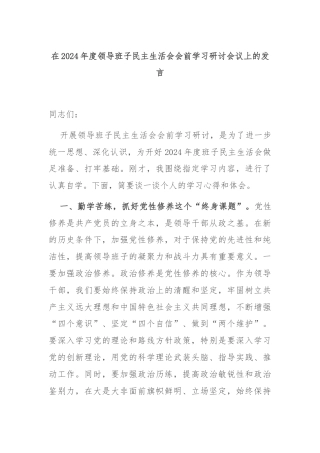 在2024年度领导班子民主生活会会前学习研讨会议上的发言