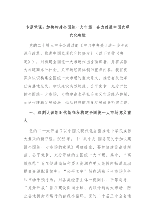 专题党课：加快构建全国统一大市场，奋力推进中国式现代化建设