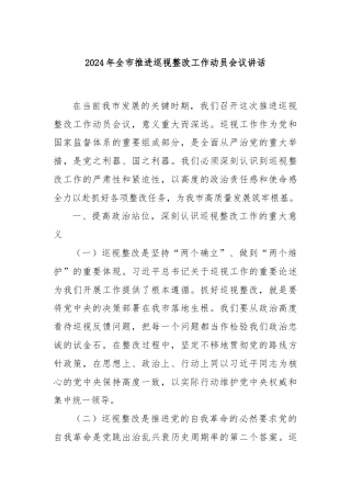 2024年全市推进巡视整改工作动员会议讲话