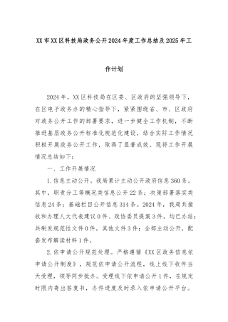 XX市XX区科技局政务公开2024年度工作总结及2025年工作计划