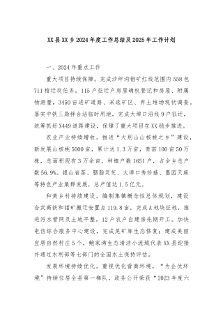 XX县XX乡2024年度工作总结及2025年工作计划