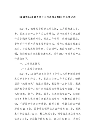 XX镇2024年政务公开工作总结及2025年工作计划