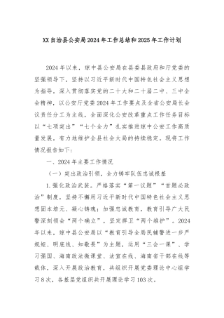 XX自治县公安局2024年工作总结和2025年工作计划