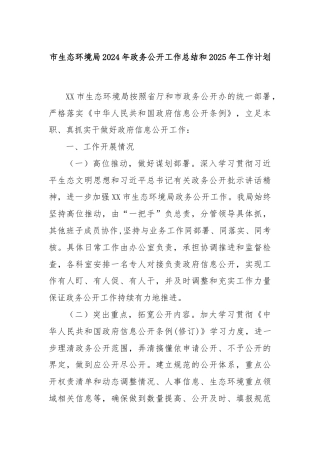 市生态环境局2024年政务公开工作总结和2025年工作计划