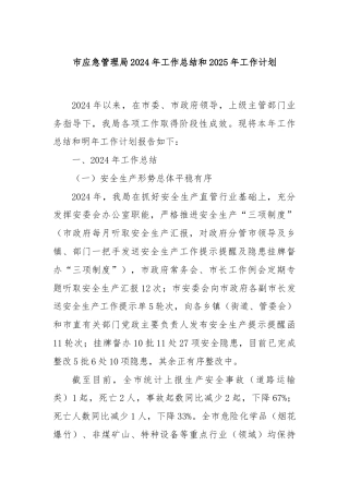 市应急管理局2024年工作总结和2025年工作计划