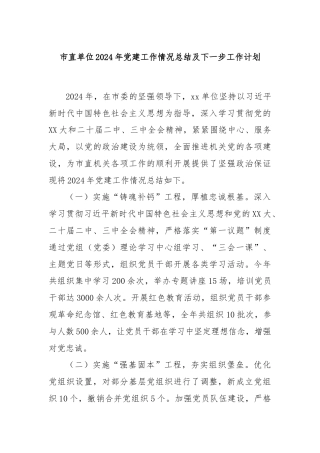 市直单位2024年党建工作情况总结及下一步工作计划