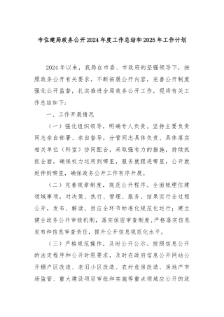 市住建局政务公开2024年度工作总结和2025年工作计划
