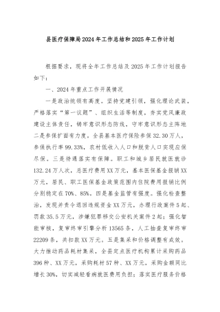 县医疗保障局2024年工作总结和2025年工作计划