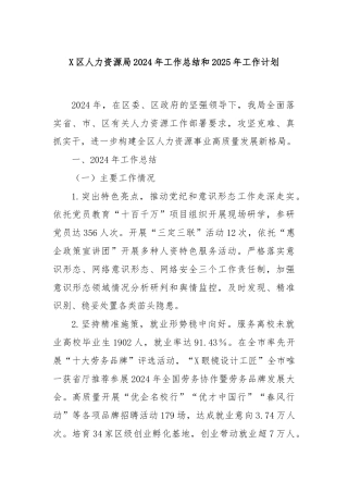 X区人力资源局2024年工作总结和2025年工作计划