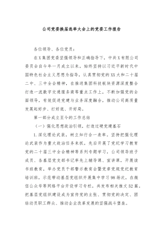 公司党委换届选举大会上的党委工作报告