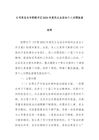 公司党总支专职副书记2024年度民主生活会个人对照检查材料