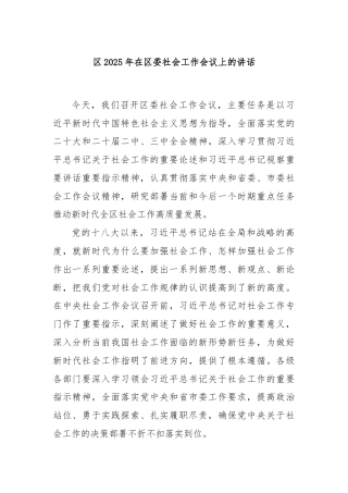 区2025年在区委社会工作会议上的讲话