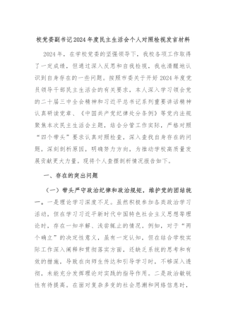 校党委副书记2024年度民主生活会个人对照检视发言材料