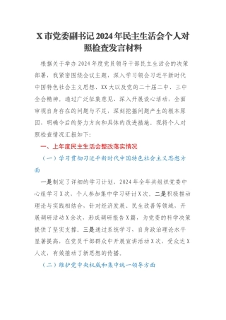 X市党委副书记2024年民主生活会个人对照检查发言材料