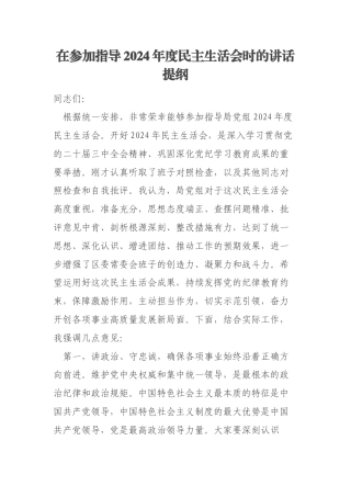 在参加指导2024年度民主生活会时的讲话提纲