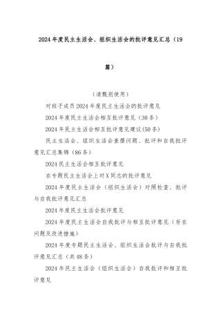 (19篇)2024年度民主生活会、组织生活会的批评意见汇总