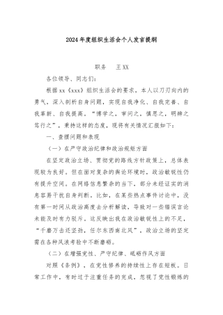 2024年度组织生活会个人发言提纲