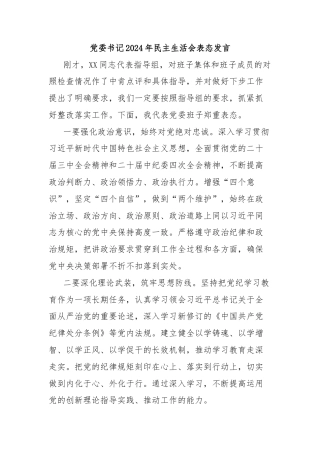 党委书记2024年民主生活会表态发言