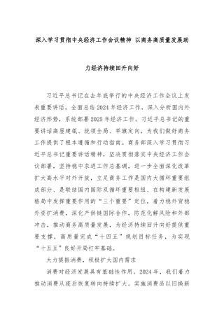 深入学习贯彻中央经济工作会议精神 以商务高质量发展助力经济持续回升向好