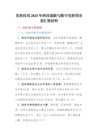 某科技局2025年科技创新与数字化转型市委汇报材料