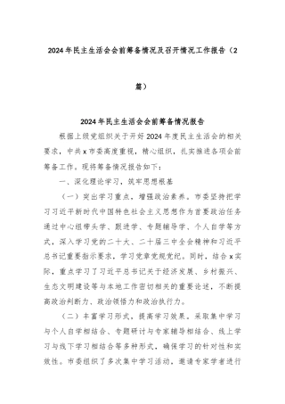 (2篇)2024年民主生活会会前筹备情况及召开情况工作报告